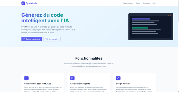 Template site intelligence artificielle par ByteMinds, expert développement web IA