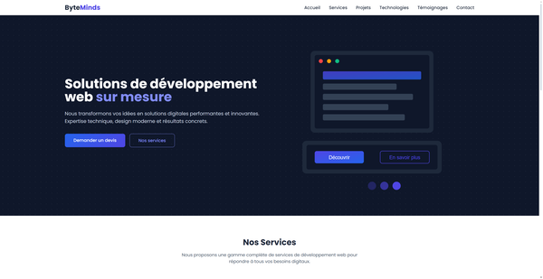 Template site développeur web par ByteMinds, création de sites sur mesure
